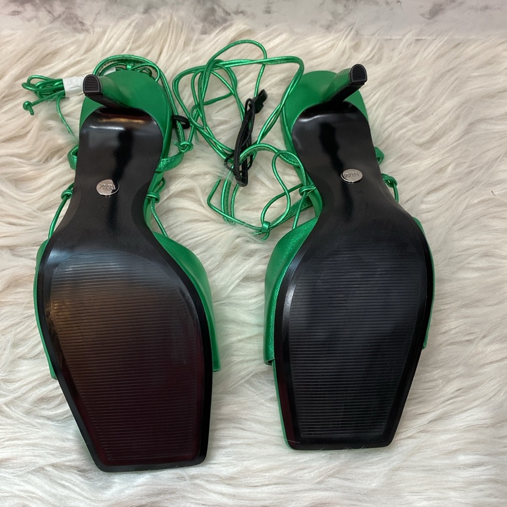 NWOT Zara Metallic Green Lace-up Leather Sandals, Size 7.5 - Picture 13 of 17